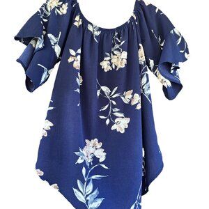 Vine & Love Womens boho Floral Bell Sleeve Blouse S 100% Polyester‎ Navy & Beige